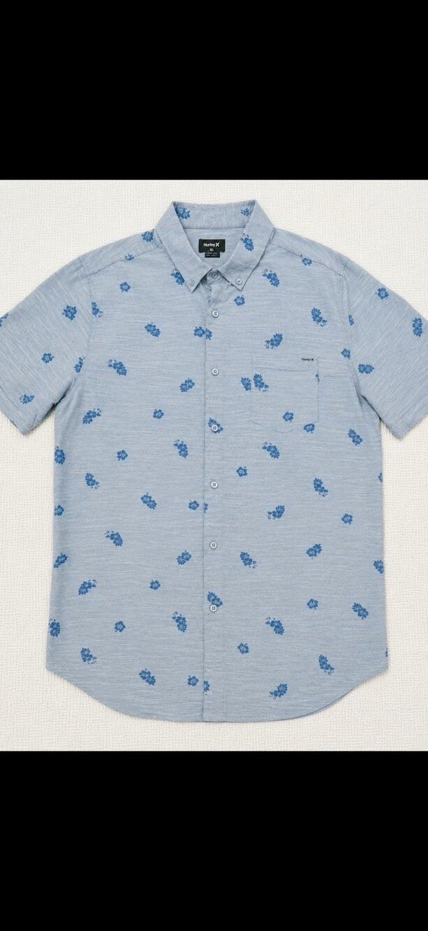 Hurley Men's XXL Blue Floral Hawaiian Woven Short Sleeve Button-Down Shirt
